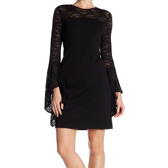 Vince Camuto Bell Sleeve Lace Ponte Dress Black - Picture 1 of 8